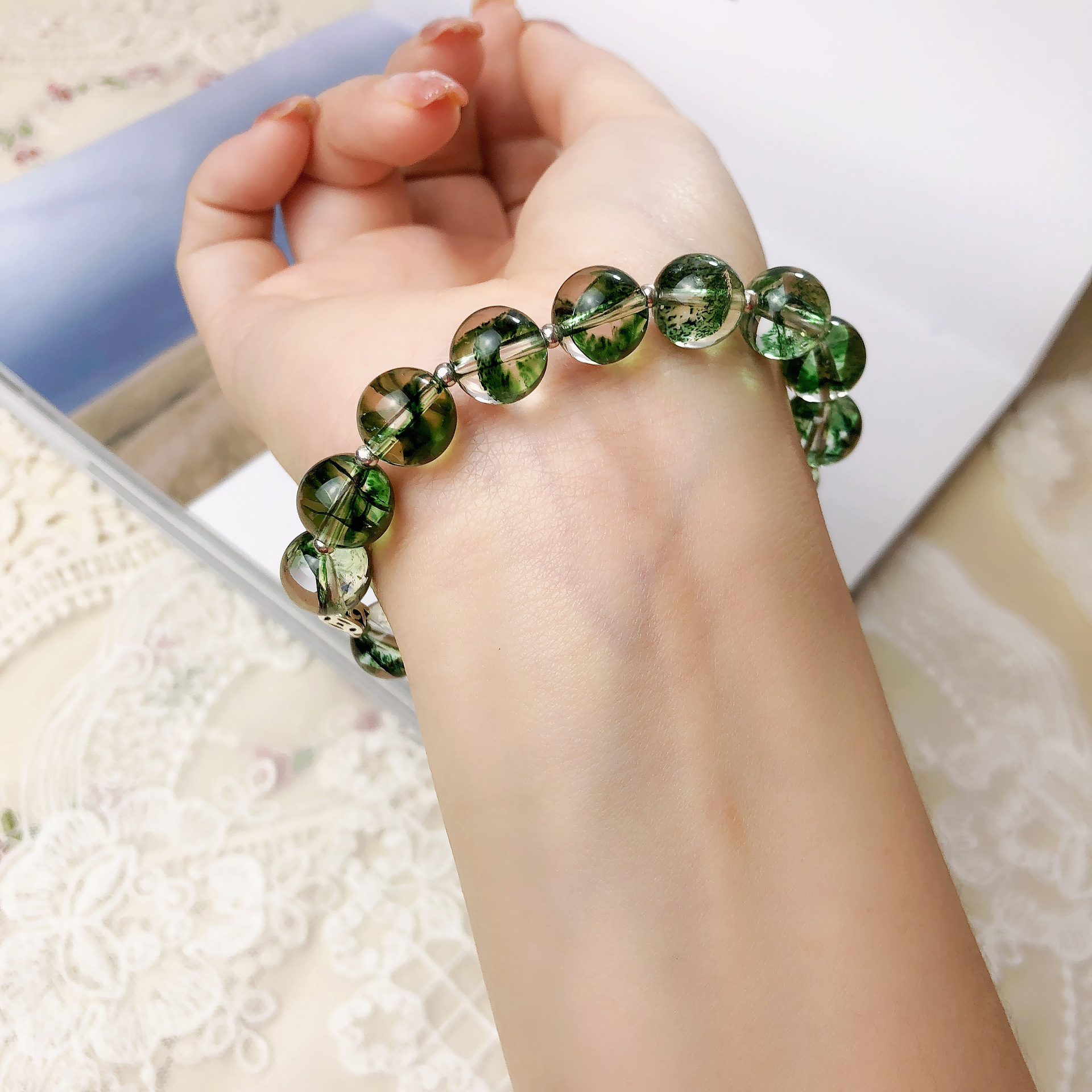 绿色凤羽幽灵石单圈925银招财猫钱多多大象国潮名族风手串手链diy