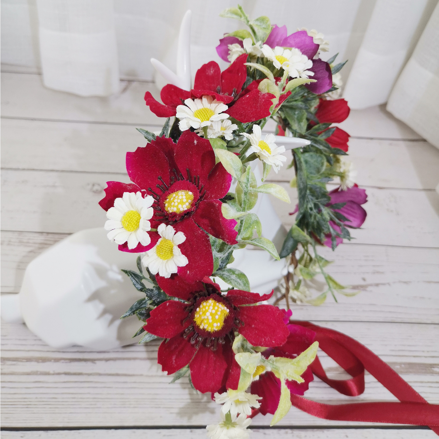 森系新娘花朵花环发饰格桑花小雏菊花环伴娘写真拍照度假儿头饰