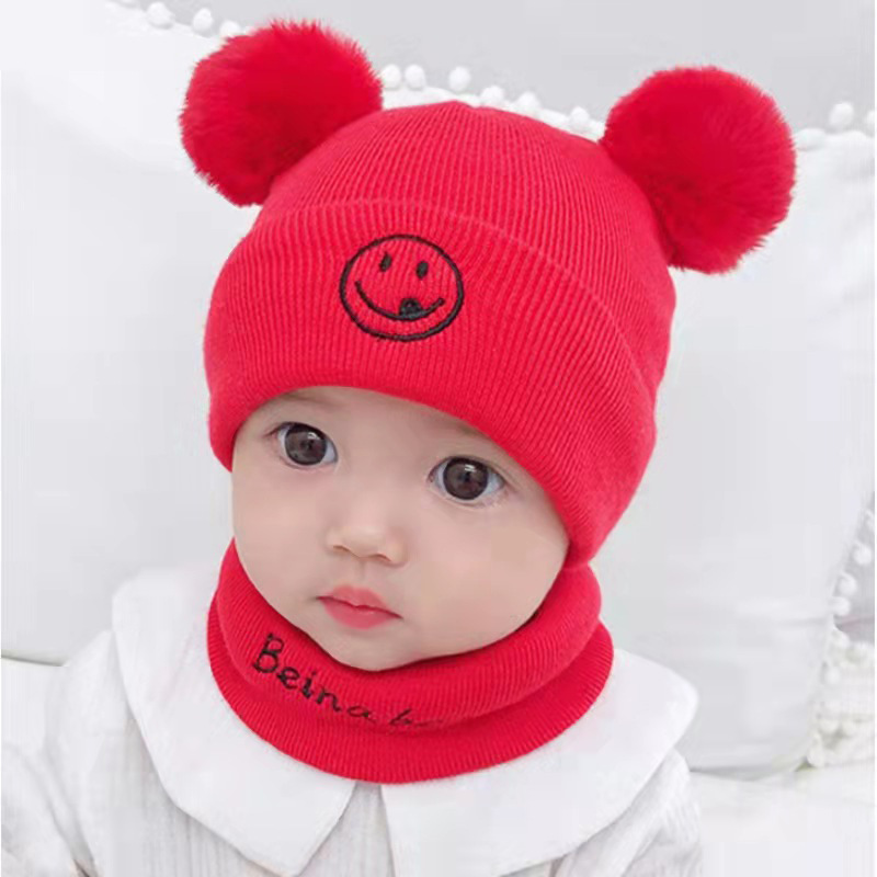 Winter Infant Knitted Hat Hat Scarf Two-Piece Set Unisex Baby Suit Bay Hat Smiley Face Hat Scarf