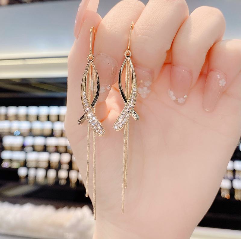 South Korea Dongdaemun Micro Inlaid Zircon Cross Tassel Earrings Female Temperament All-Match Long Eardrops Fashion Slimming Ear Hook