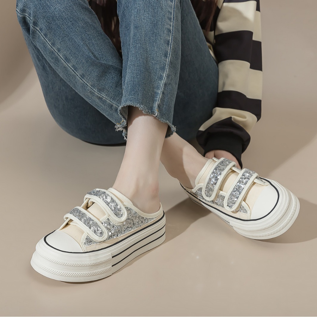 街拍时尚厚底低帮小白鞋女2024夏季新款百搭休闲魔术贴帆布鞋子潮