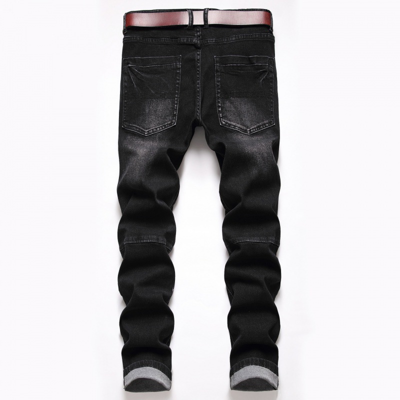 。。  European and American Foreign Trade Men's Jeans Slim Straight Washed Ripped Color Stitching Patchwork Rhinestone Denim Trousers