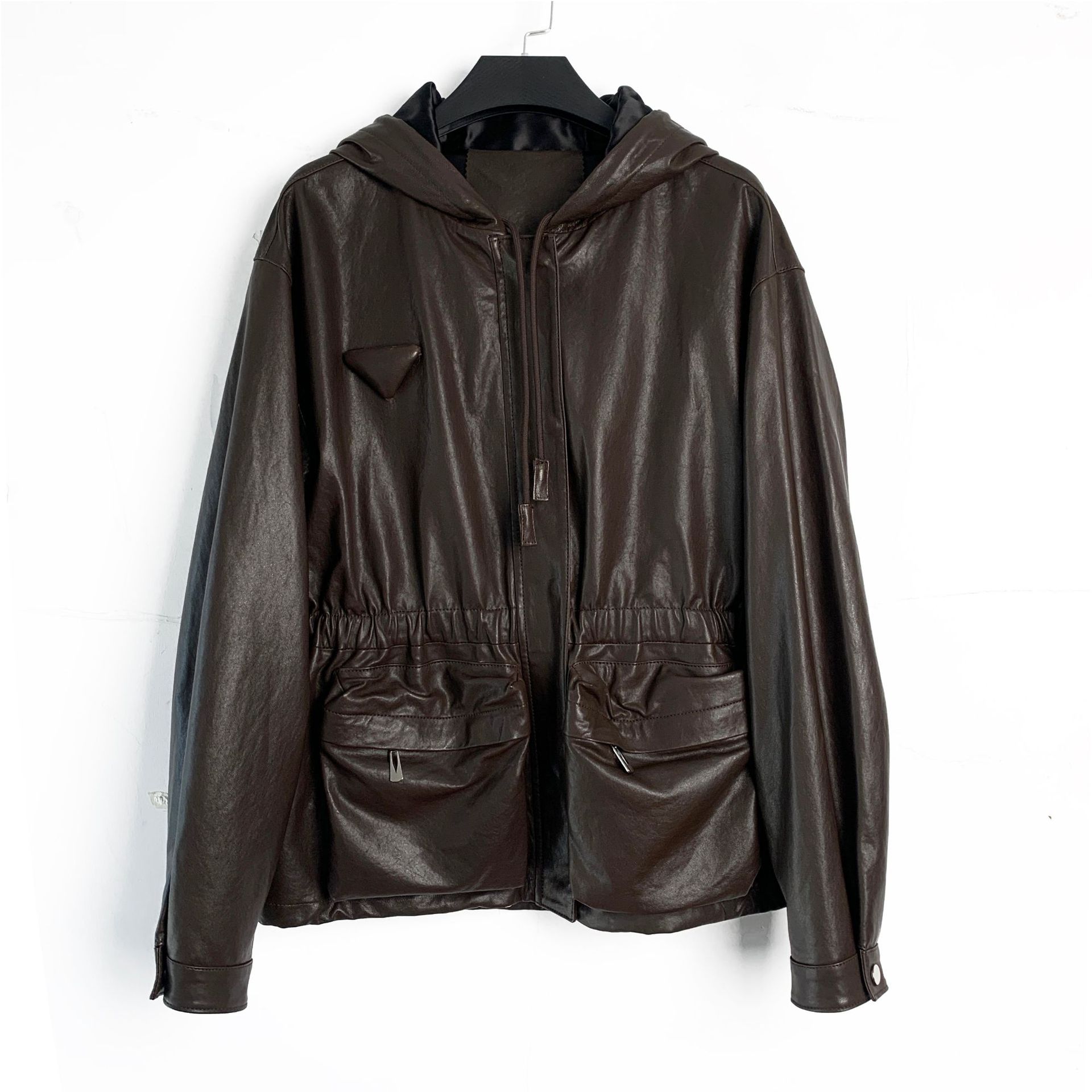 2024秋冬新款 抽绳气质百搭 意大利大口袋全植鞣羊皮连帽皮衣外套