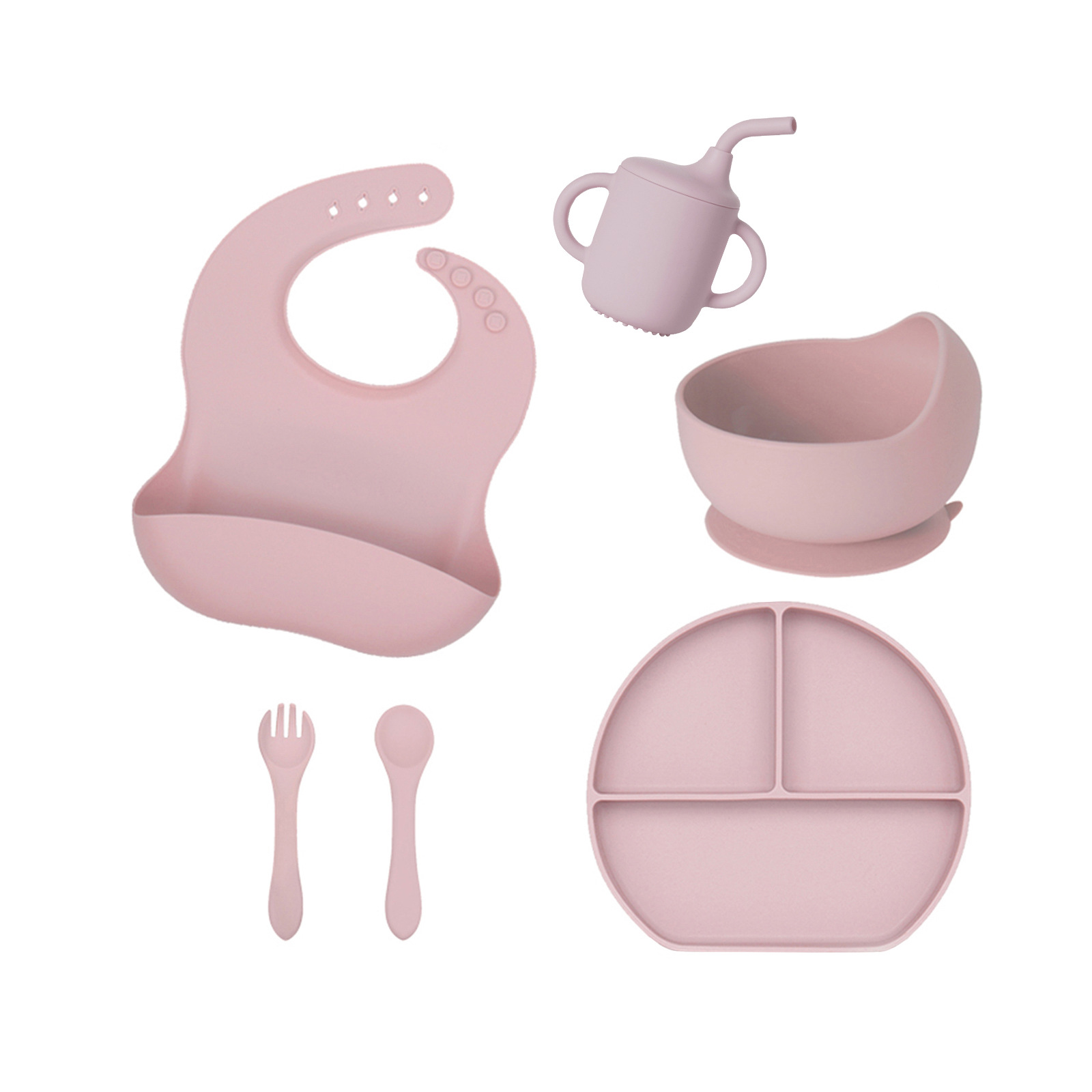 Factory Customized Silicone Tableware 6-Piece Set Baby Straw Cup Plate Bowl Bib Eating Children's Tableware Set