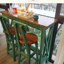 Vzs实木吧台阳台茶桌靠窗长条桌复古桌椅圆凳组合靠墙高脚桌餐桌