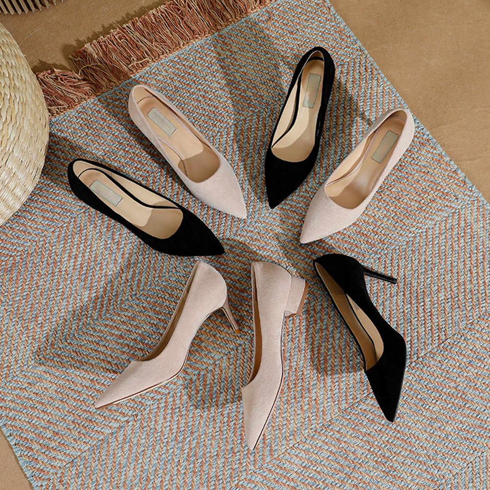 2023 Spring New Sheepskin Pad Pointed Toe Low Heel Shoes Stiletto Heel Pumps High Heels Women's Daily Wearable Bridesmaid Shoes