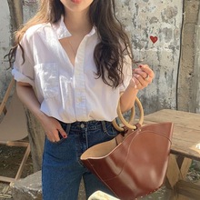 韩版白色短袖衬衫女夏季新款设计感小众衬衣宽松慵懒休闲薄款上衣