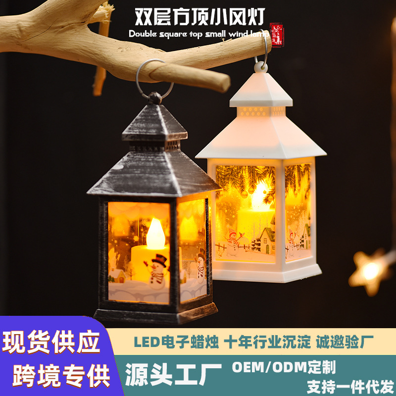 Cross-Border Wholesale Retro Double-Layer Square Top Small Wind Light Portable Electric Candle Lamp Christmas Decoration Ambience Light