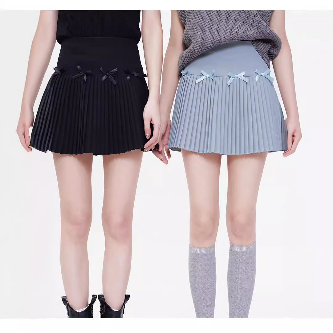 时尚蝴蝶结百褶裙半身裙女2024夏季高腰显瘦甜美小个子百搭短裙