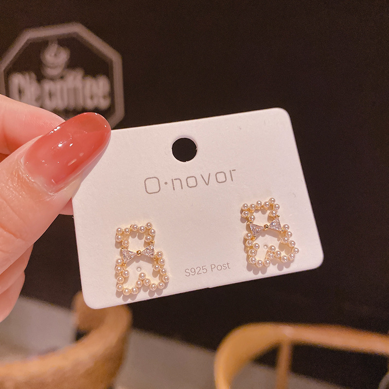 925银针韩国代购小熊耳环可爱珍珠耳钉女小巧耳饰2020年新款潮女