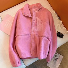 树莓粉色摇粒绒羊羔毛外套女2023秋冬新款设计感显瘦毛绒夹克上衣