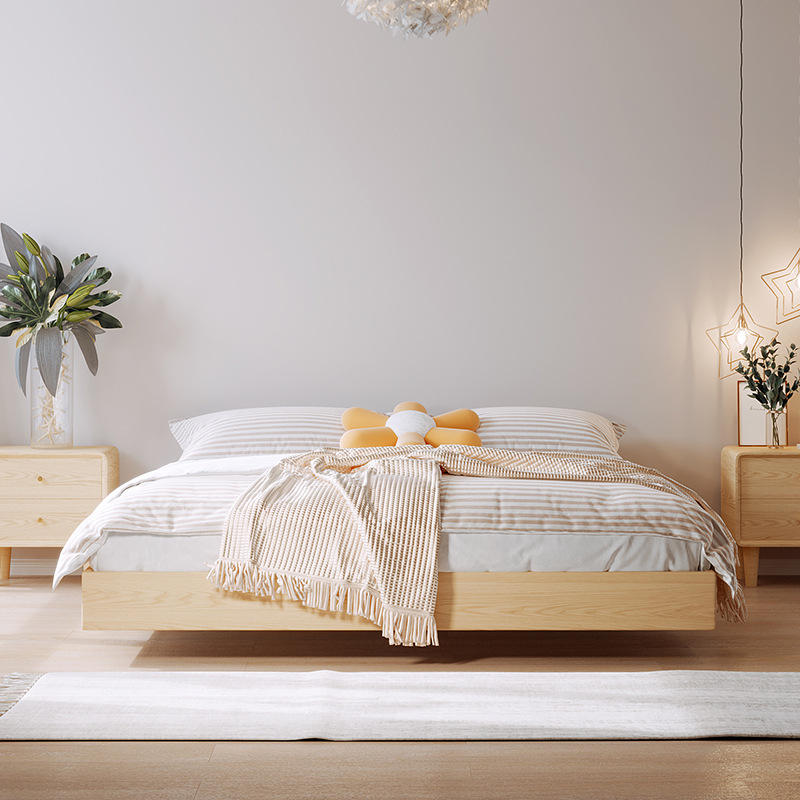 实木床侘寂风日式悬浮床小户型齐边简约北欧原木风双人床无床头床