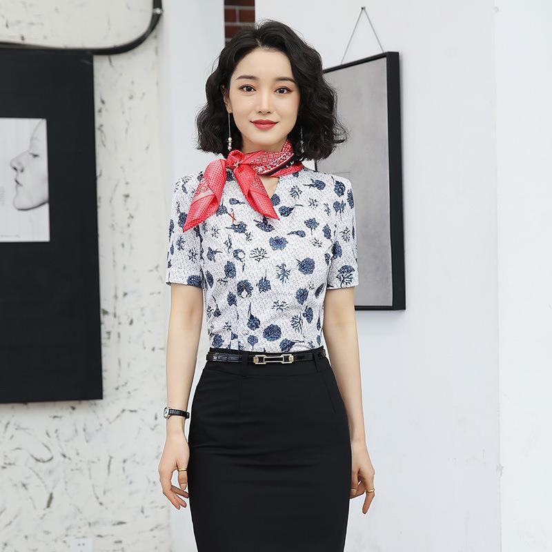 东航空姐制服青花瓷美容院职业包臀衬衫酒店前台衬衣女员工工作服