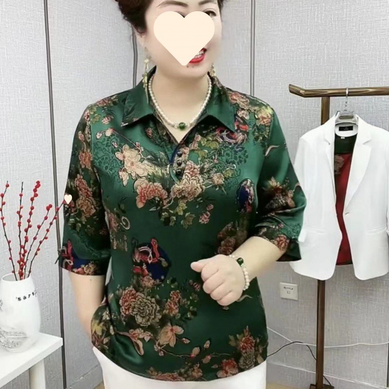 Middle-Aged and Elderly Women's Dress Shirt Collar T-shirt for Women 2023 Summer New Fashion Loose Youthful-Looking Cheongsam Shirt Top for Women