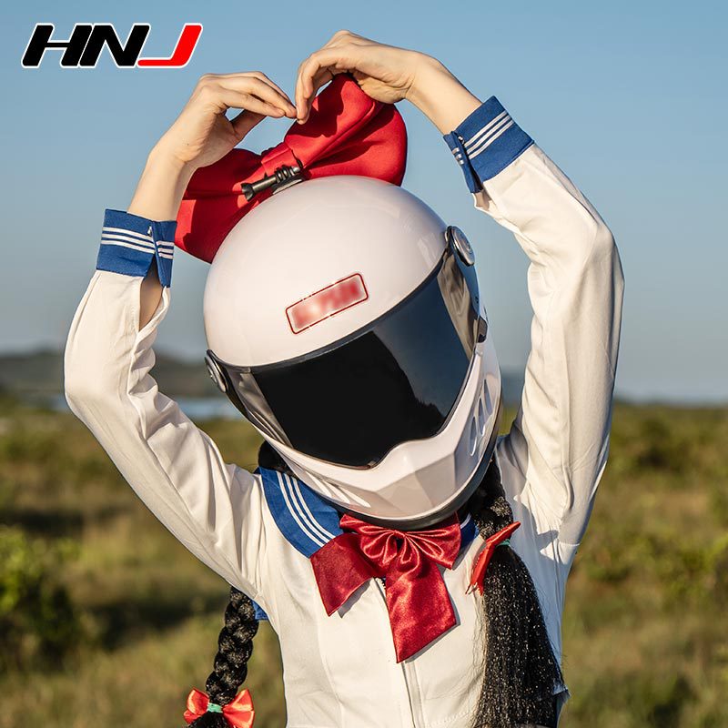 来梦同款电动摩托车头盔蝴蝶结爆音少女夏季骑士可爱复古机车全盔