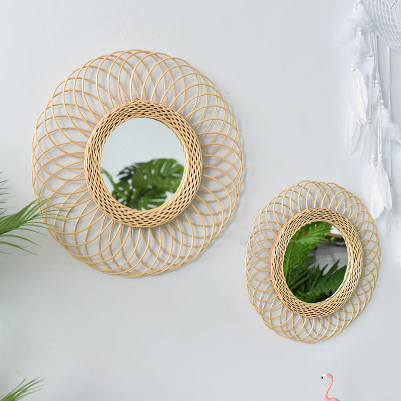 Rattan Mirror round Wall Hangings Ornaments Pendant Ornament Wall Makeup Mirror Bathroom Mirror Woven Nordic Sunglasses