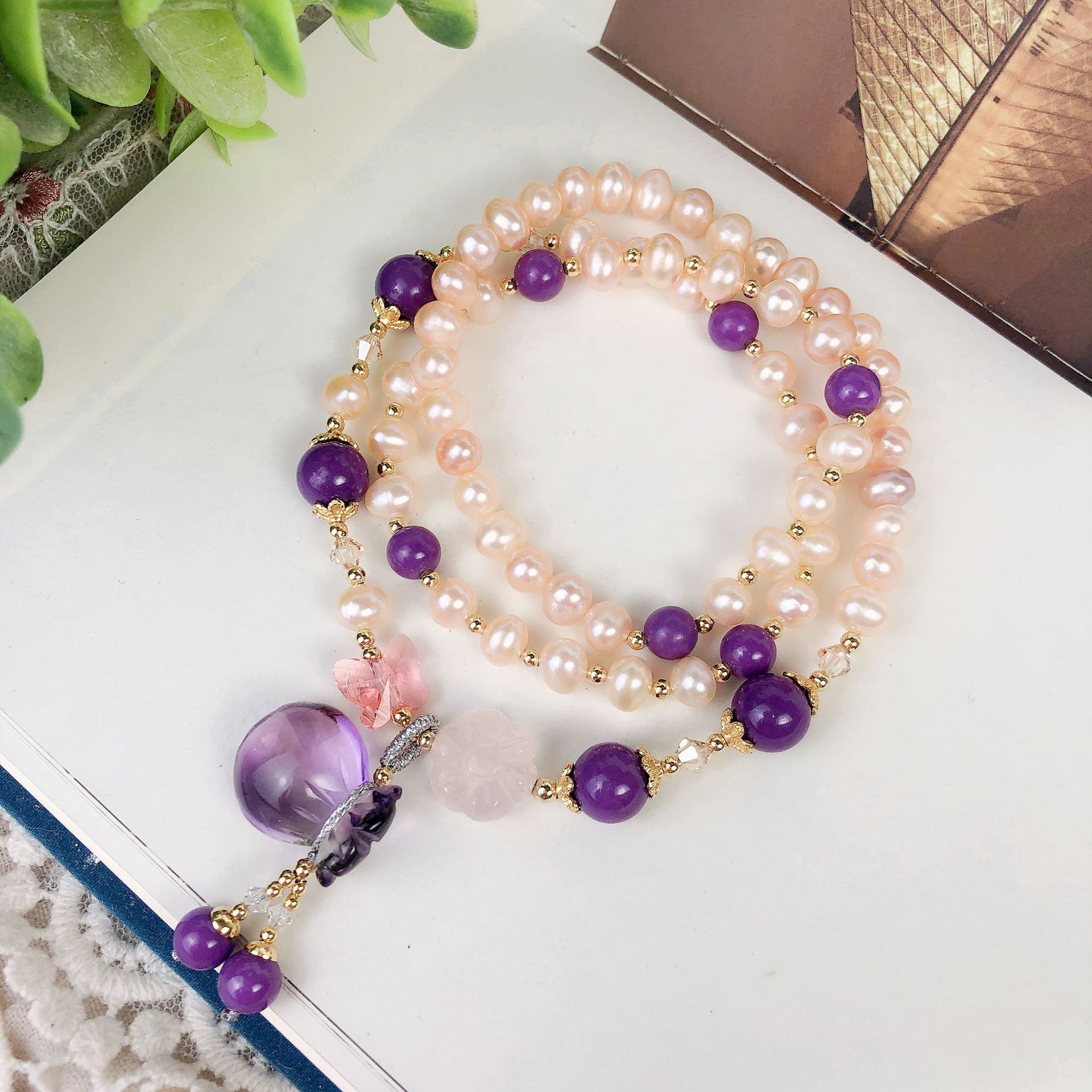 淡水珍珠紫云母三圈紫晶福袋手链女小众设计感奥地利水晶手串饰品