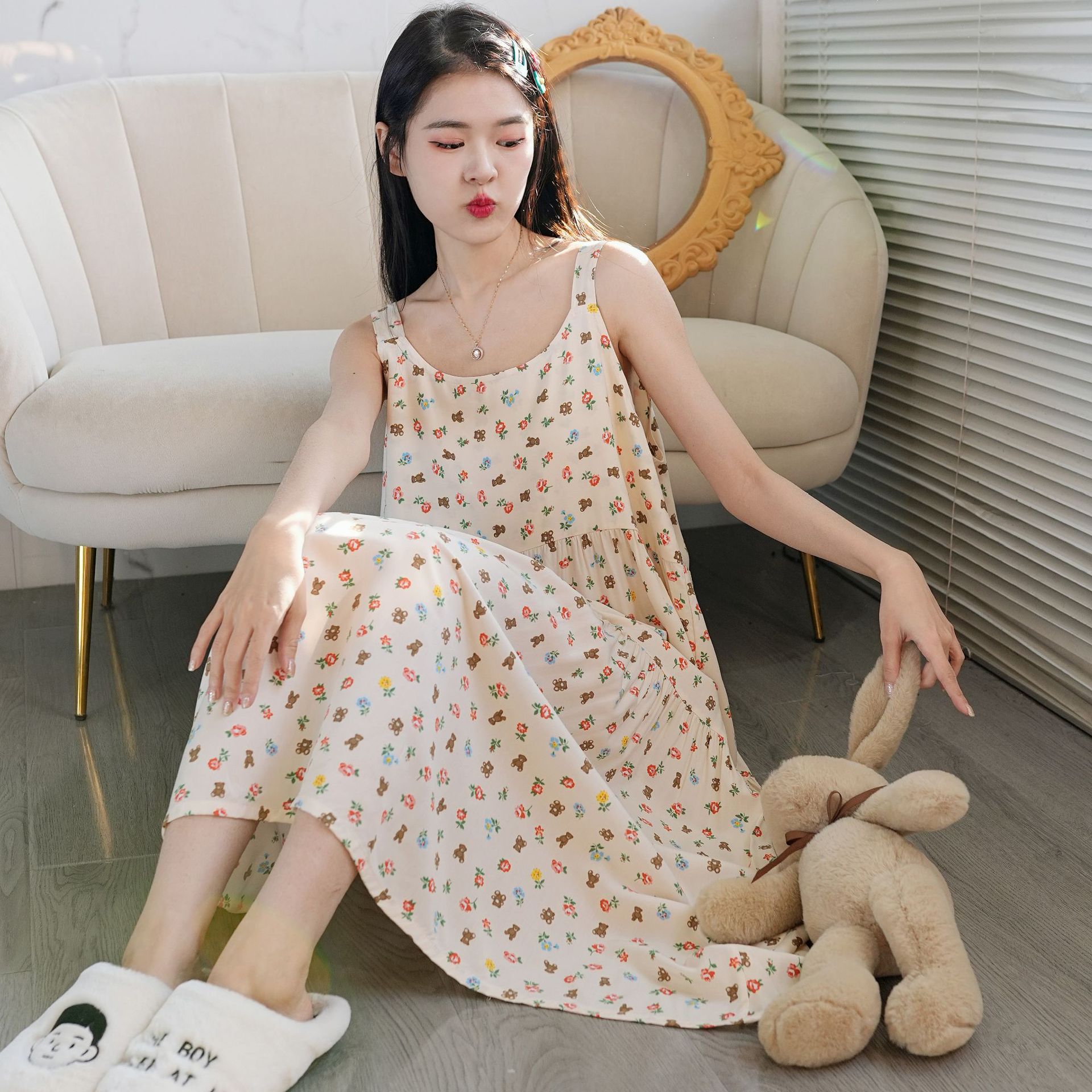 夏季新款棉绸睡裙女吊带甜美家居服仙女风可爱宽松印花宽肩带睡裙