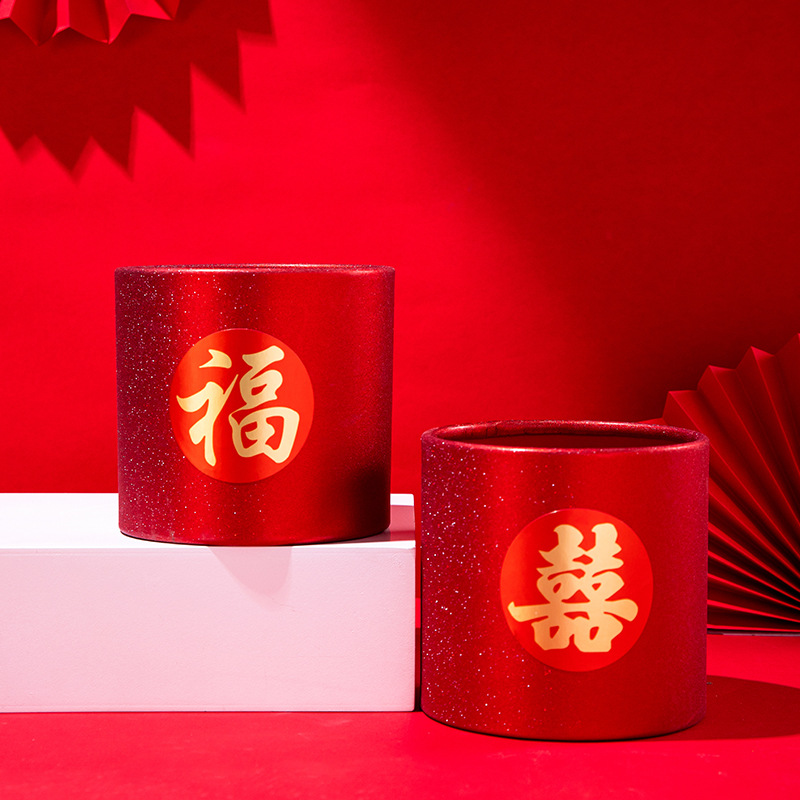 新年福桶小号单个圆形红色福字抱抱桶批发年宵花桶银柳插花桶材料