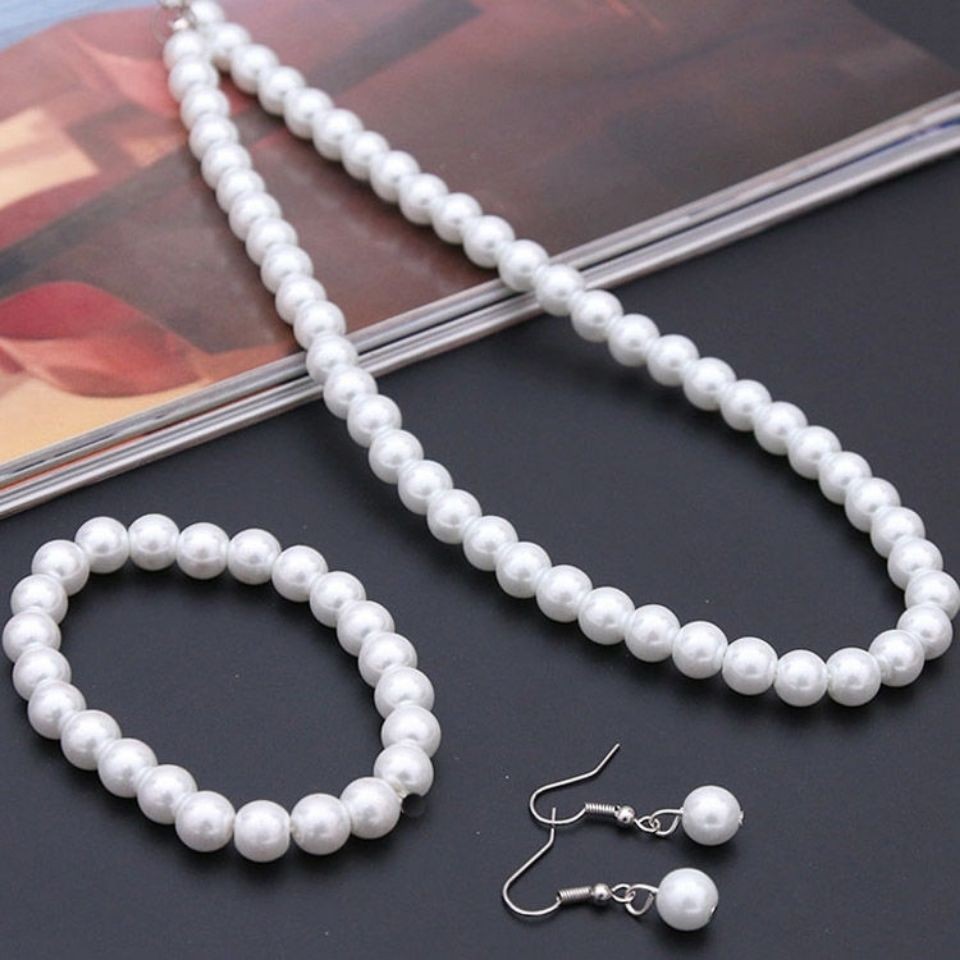 Factory Direct Sales Cross-Border Wholesale Simple Pearl Necklace Bracelet Earrings Three-Piece Ins Jewelry Set Female European and American