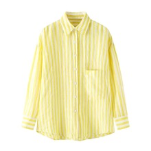 现货2024夏季新款宽松休闲高圆圆同款黄白条纹亚麻衬衫EBD2SHT012