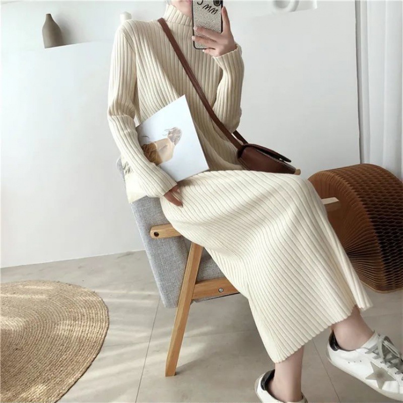 Knitted Dress Bottoming Women's Inner Wear Autumn and Winter New High Neck Mid-Length Dinified Sweater Long Dress over the Knee