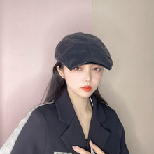 韩国设计款PU皮鸭舌帽女时尚复古百搭秋冬网红前进帽可调节贝雷帽