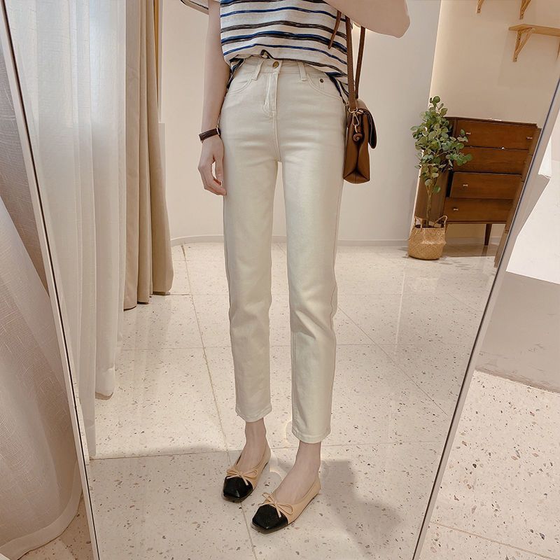 Slim Cropped Short and Small Stature M White High Waist Straight Jeans Women's Trendy All-Match Thin New Slim-Fit Cigarette Pants