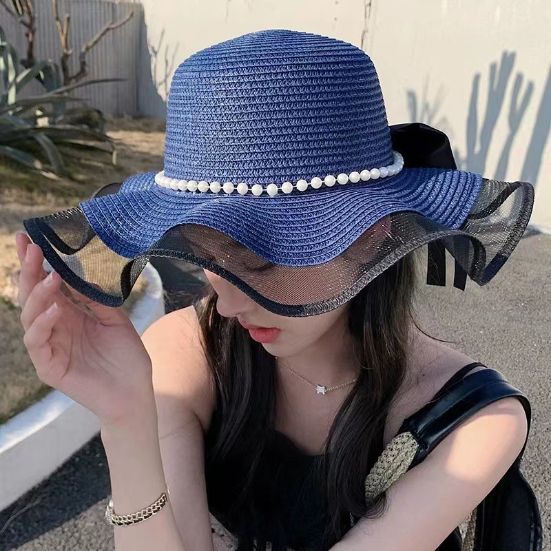 Summer Little Fresh Sweet Woven Straw Hat for Women Solid Color Sun Hat Mesh Bow Big Brim Hat