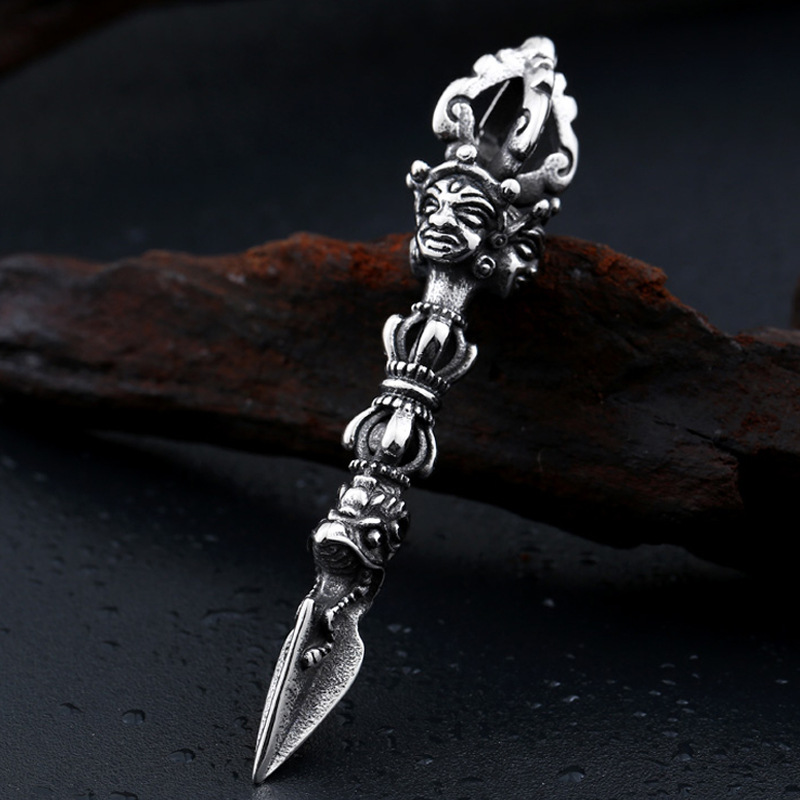 三面佛降魔杵项链男潮个性钛钢金刚杵吊坠国潮嘻哈佛系饰品中国风