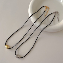 小众设计黑水晶不规则金属小金豆项链 时尚甜美手工串珠珠锁骨链
