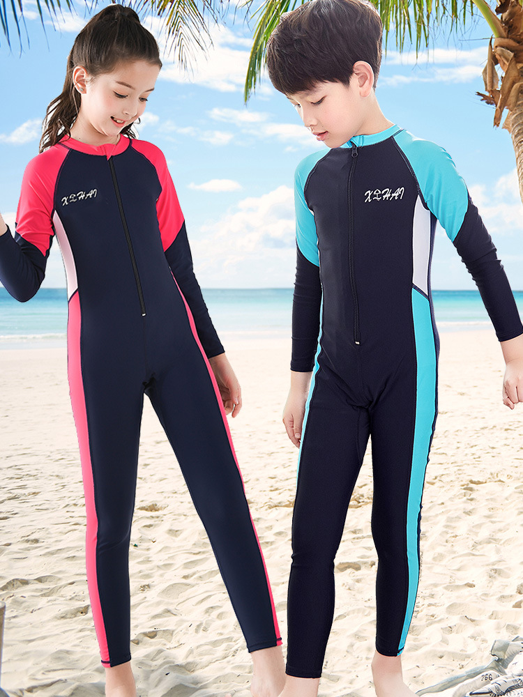 儿童连体潜水服男孩游泳衣长袖长裤青少年女童中大童浮潜服水母衣