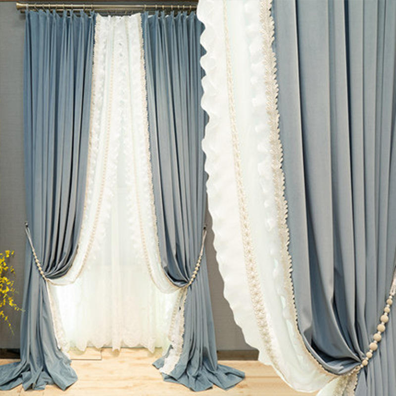 灰蓝羊毛绒高级丝绒布法式宫廷风优雅遮光窗帘客厅卧室窗帘布成品
