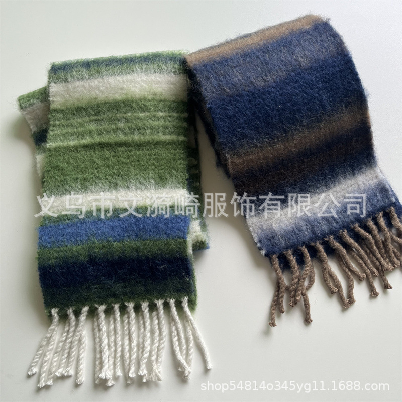 23 New Green Striped Mohair Scarf Female Winter Narrow Version Wine Red Alpaca Wool Shawl Couple Scarf
