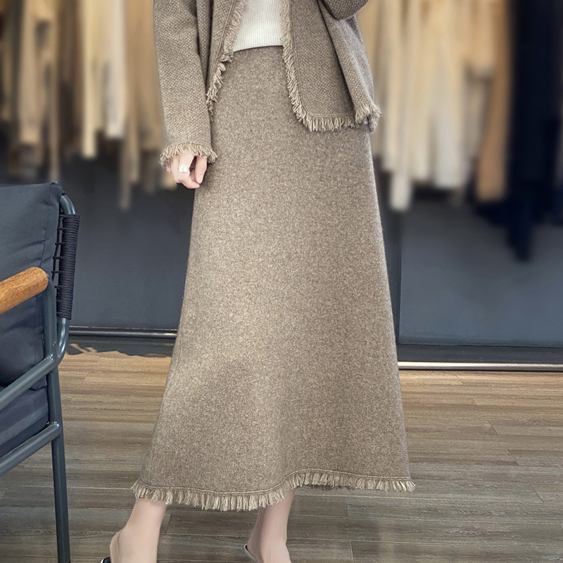 韩系流苏羊毛针织半身裙女2023秋冬新款毛边中长款包臀毛线裙子