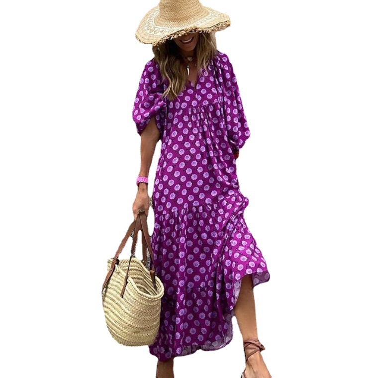 2023 Autumn New Independent Station Hot Selling Product Geometric Printing Puff Sleeve Dress Street Fried Street Large Size Women's Clothing