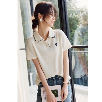 爱心白色短袖t恤女夏季新款休闲简约通勤百搭polo衫上衣-阿里巴巴
