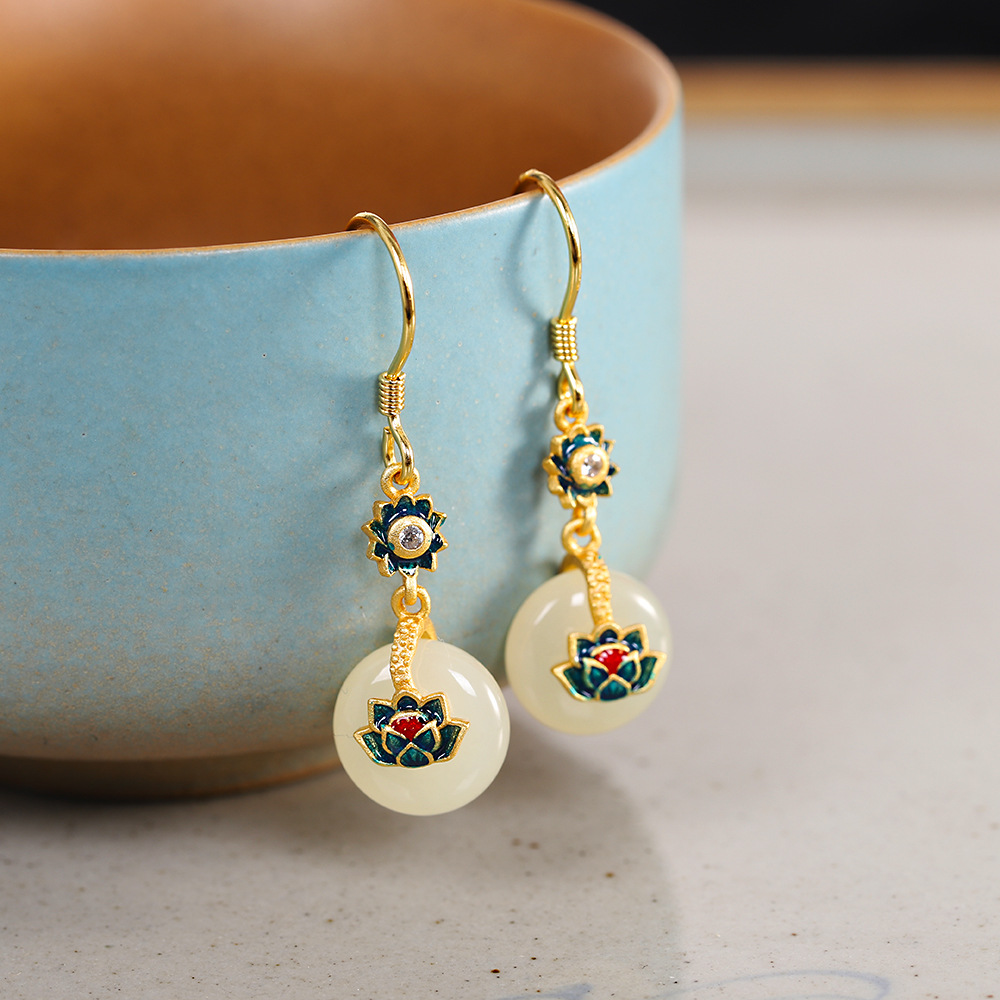 人品银品s925银饰品时尚女士耳环 莲花烧蓝和田玉耳坠