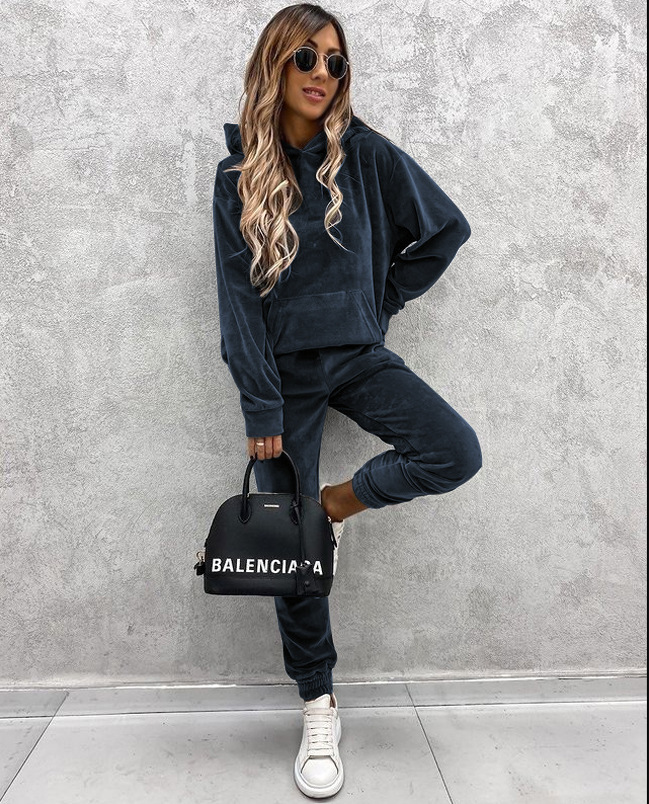 2023 Cross-Border Foreign Trade Autumn and Winter Sports New European and American Women's Clothing Amazon Loose-Fitting Solid Color Long Sleeves Leisure Suit