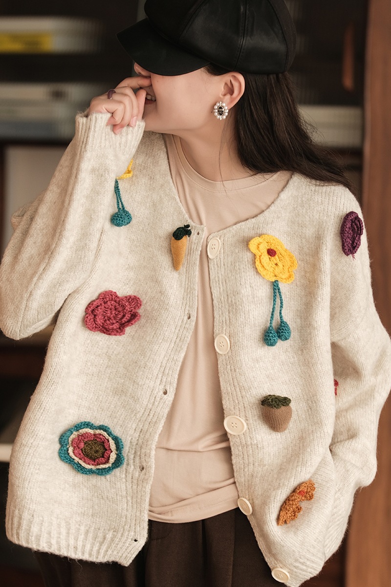 森女系棉质针织开衫女士 2021秋季新款手工立体花长袖毛衣1593