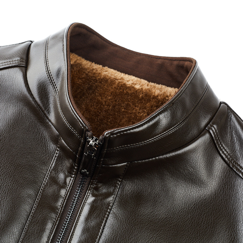 Leather Coat Men's Leather Jacket with Velvet Thickened Winter Thermal Middle-Aged Stand Collar Sheepskin Coat