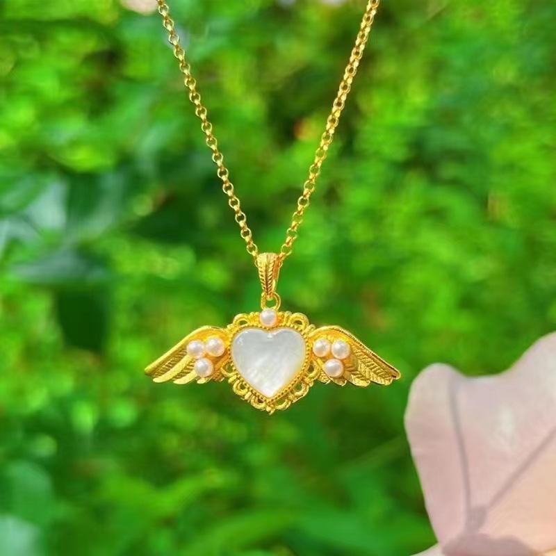 抖音直播款天使之心项链批发爱心翅膀吊坠金店伴手礼套链首饰品