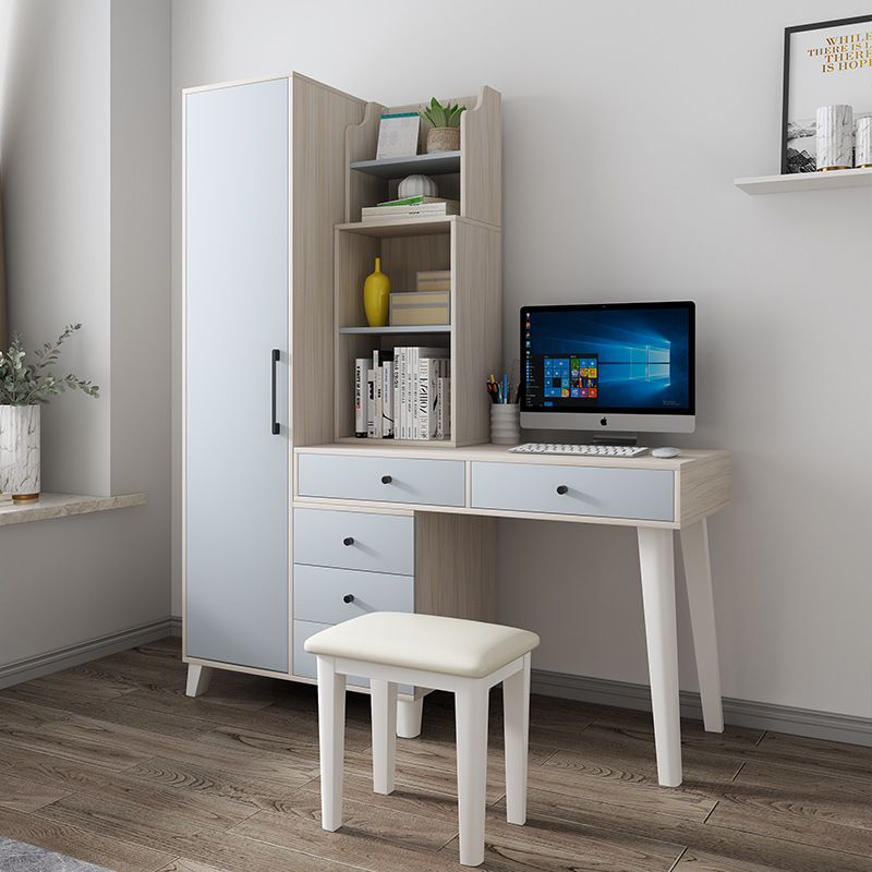 北欧梳妆台带衣柜书柜一体现代简约书桌可伸缩家用化妆台隐藏镜子