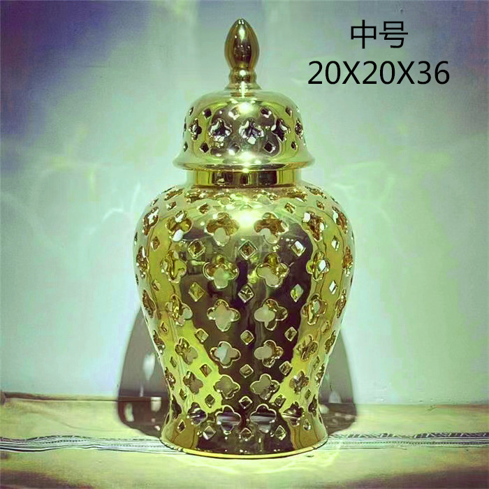 Light Luxury Glaze Ceramic General Bottle Vase Decoration Cutout Carvings Tong Temple Jar Hotel Home Crafts Decoration