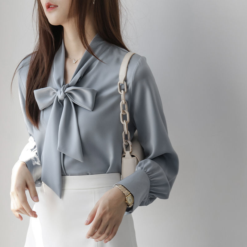 法式衬衫女蝴蝶结醋酸绸缎衬衣2022春季通勤工作服垂感长袖上衣