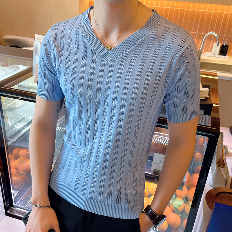 男士V领镂空透气针织短袖T恤夏季薄款打底衫冰丝半袖上衣体恤潮流
