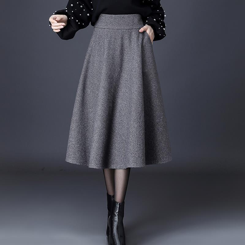 毛呢字半身裙女秋冬新款高腰中长款显瘦伞裙半身喇叭长裙 可代发