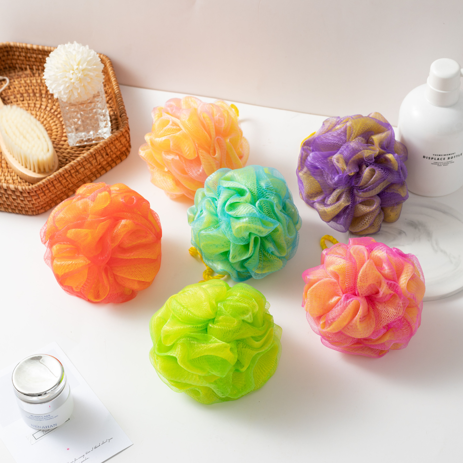 50g浴球黄色套色大号浴花懒人搓澡神器按摩沐浴球不散起泡网浴花