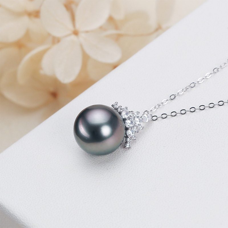 Sea Tahidi Black Pearl 18K Gold Pendant S925 Silver Ice Queen Perfect Circle Pearl Necklace for Women