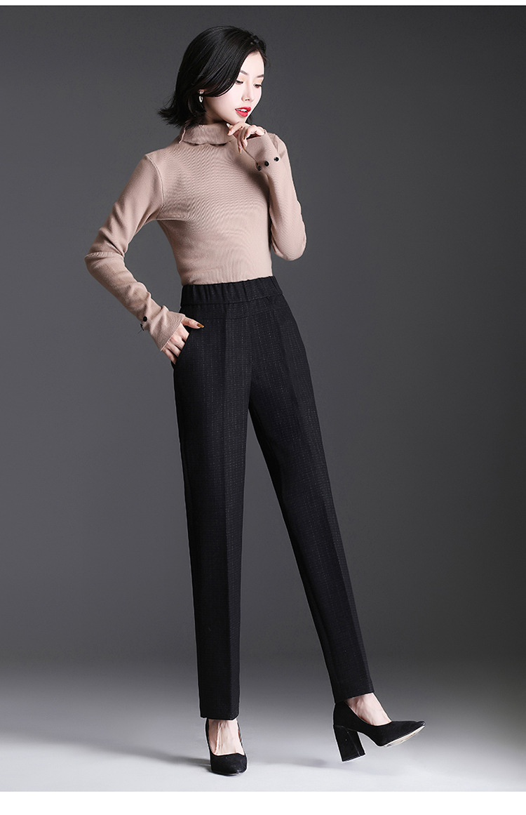 格子小脚裤子女高腰显瘦2021春季新款垂感小脚哈伦裤黑色休闲裤